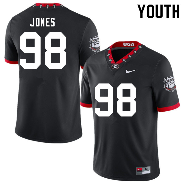 Georgia Bulldogs Youth Noah Jones #98 Black Mascot 100th Anniversary Stitched College UGA Football Jersey 23AL014QP